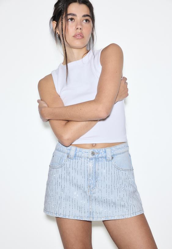 Stradivarius Fustă-Pantalon Denim Cu Sclipiri Efect Prespălat Denim Albastru Mediu 38