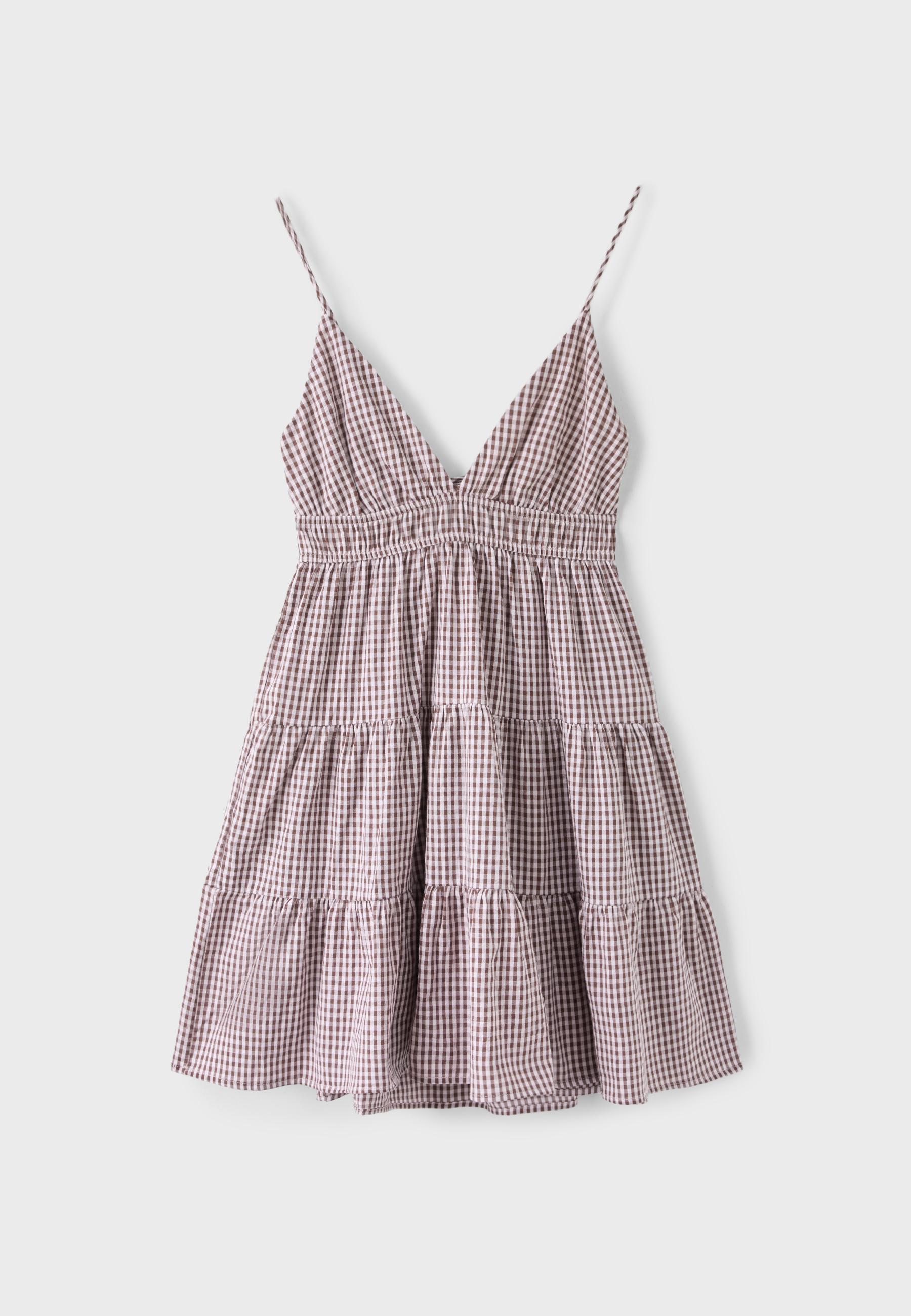 Gingham short dress with open back — GREY DENIM WASH