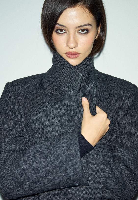 Stradivarius Regular Fit Herringbone Coat Grey M