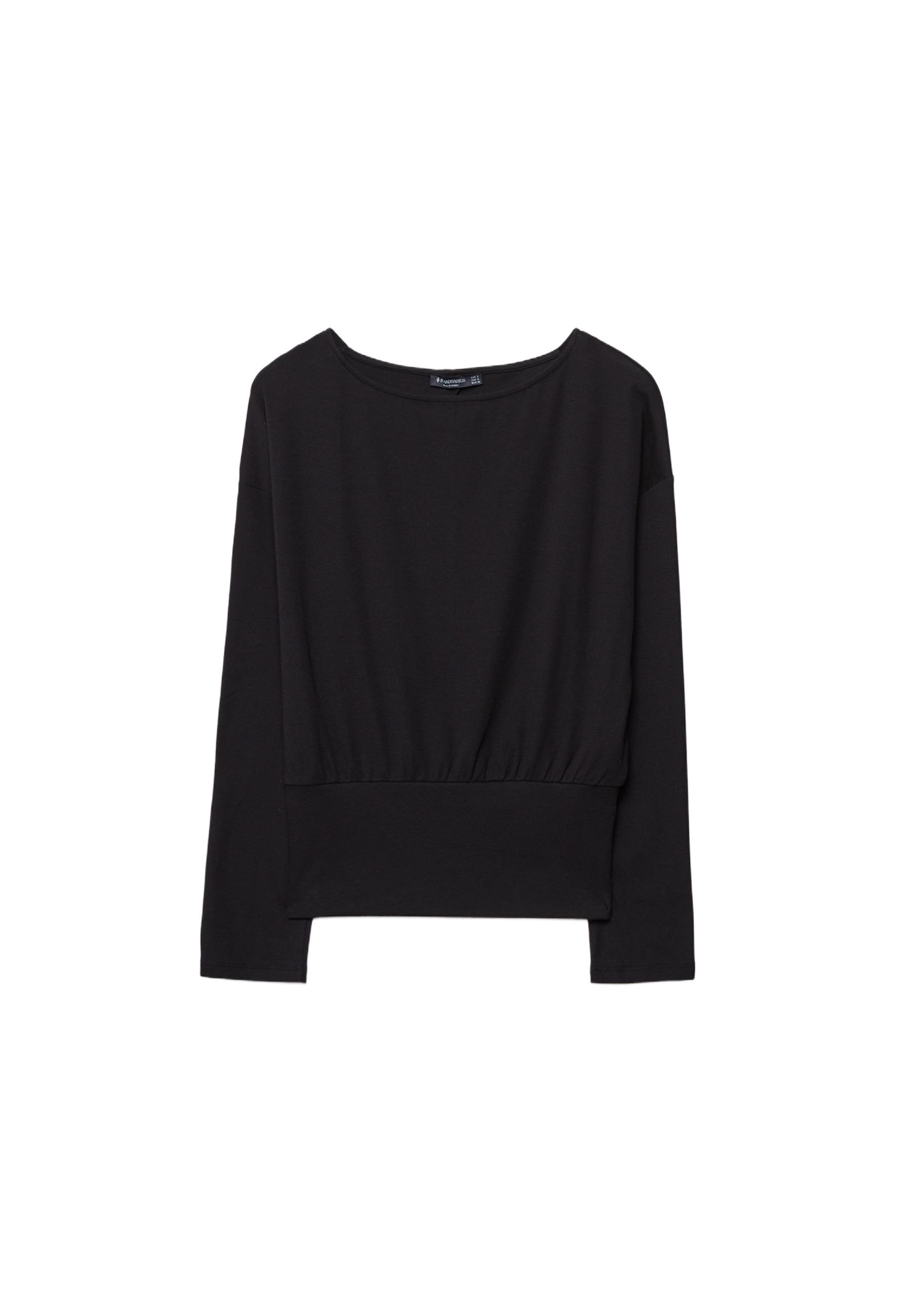 Boat neck long sleeve T-shirt with cummerbund hem — Black