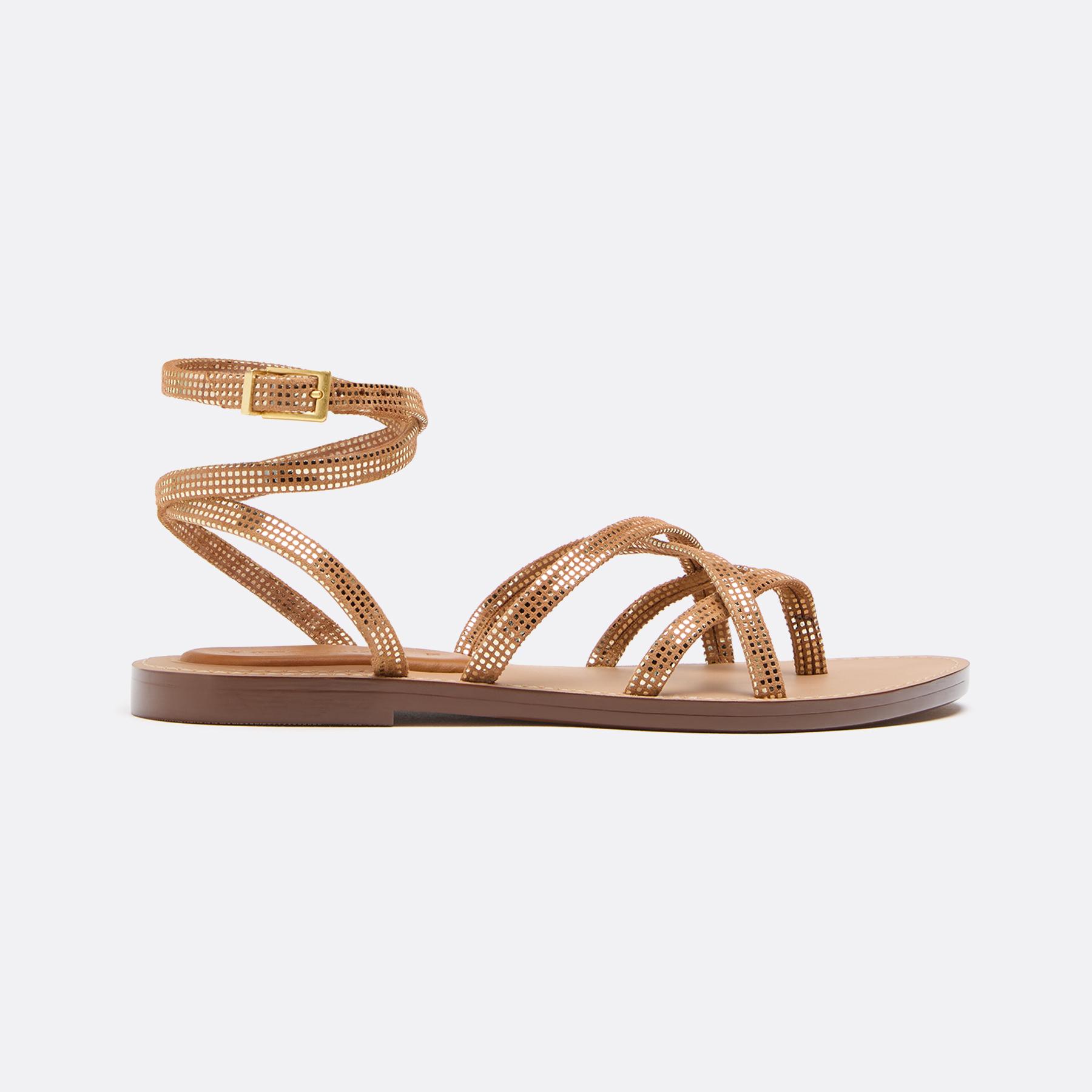 Flat studded leather strap sandals — BROWN