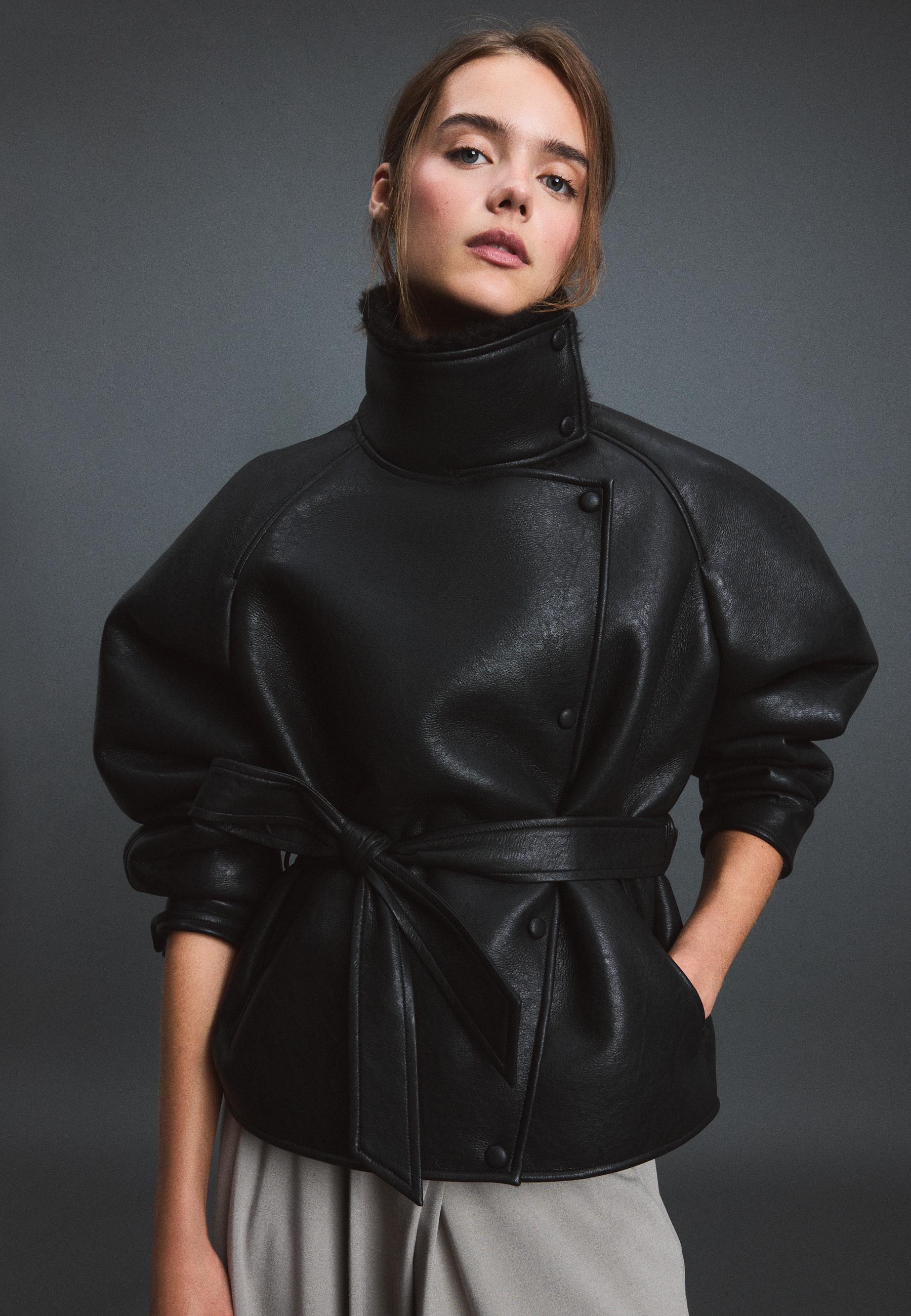 Leather effect double-faced high neck jacket — Black