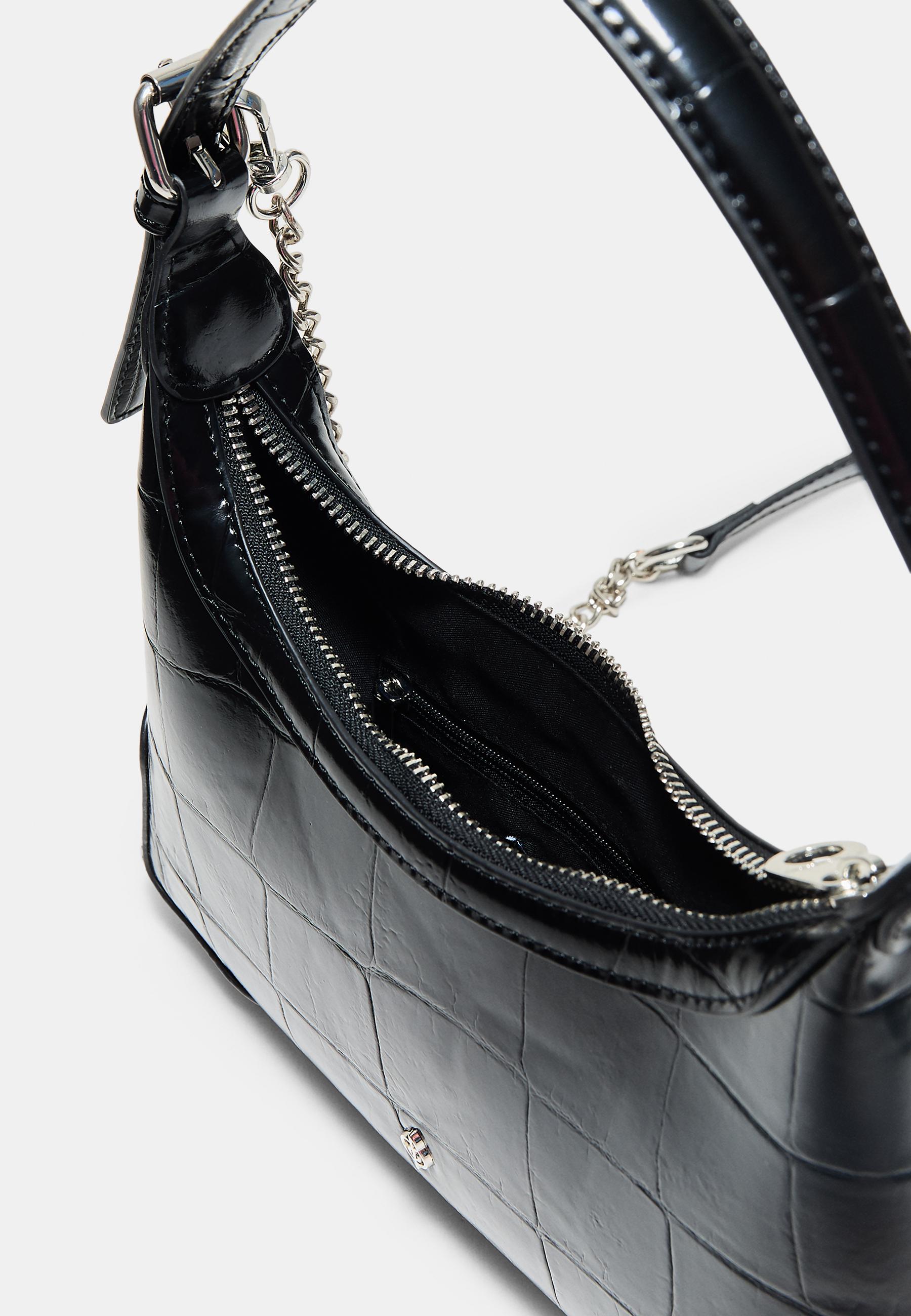 Mock croc mini chain shoulder bag — Black
