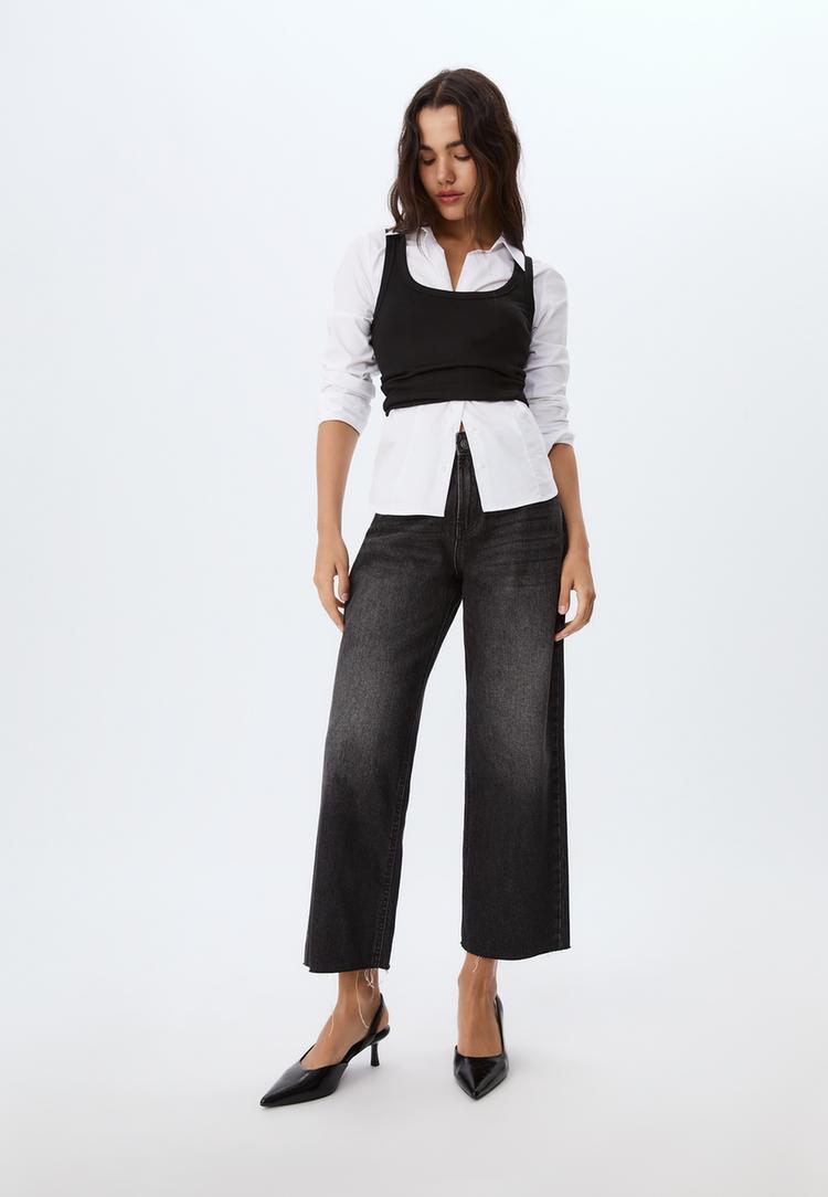 Stradivarius Džíny D96 Cropped Straight Fit Tmavě Šedá 40