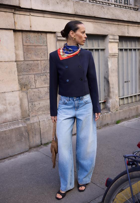 Stradivarius Cropped Round Neck Blazer Navy Blue Xs