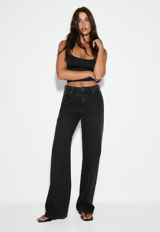 Parlak taşlı straight fit jean