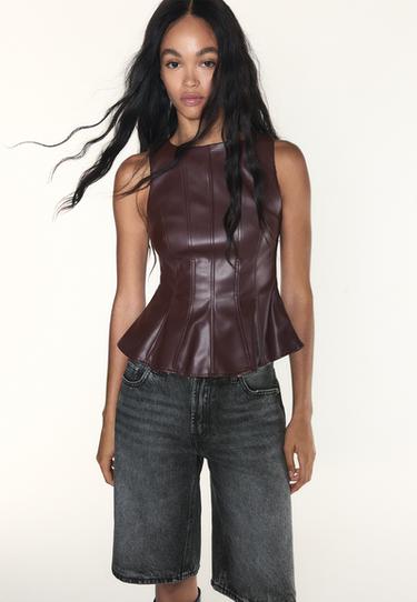 Leather effect peplum sleeveless top — Brown 3