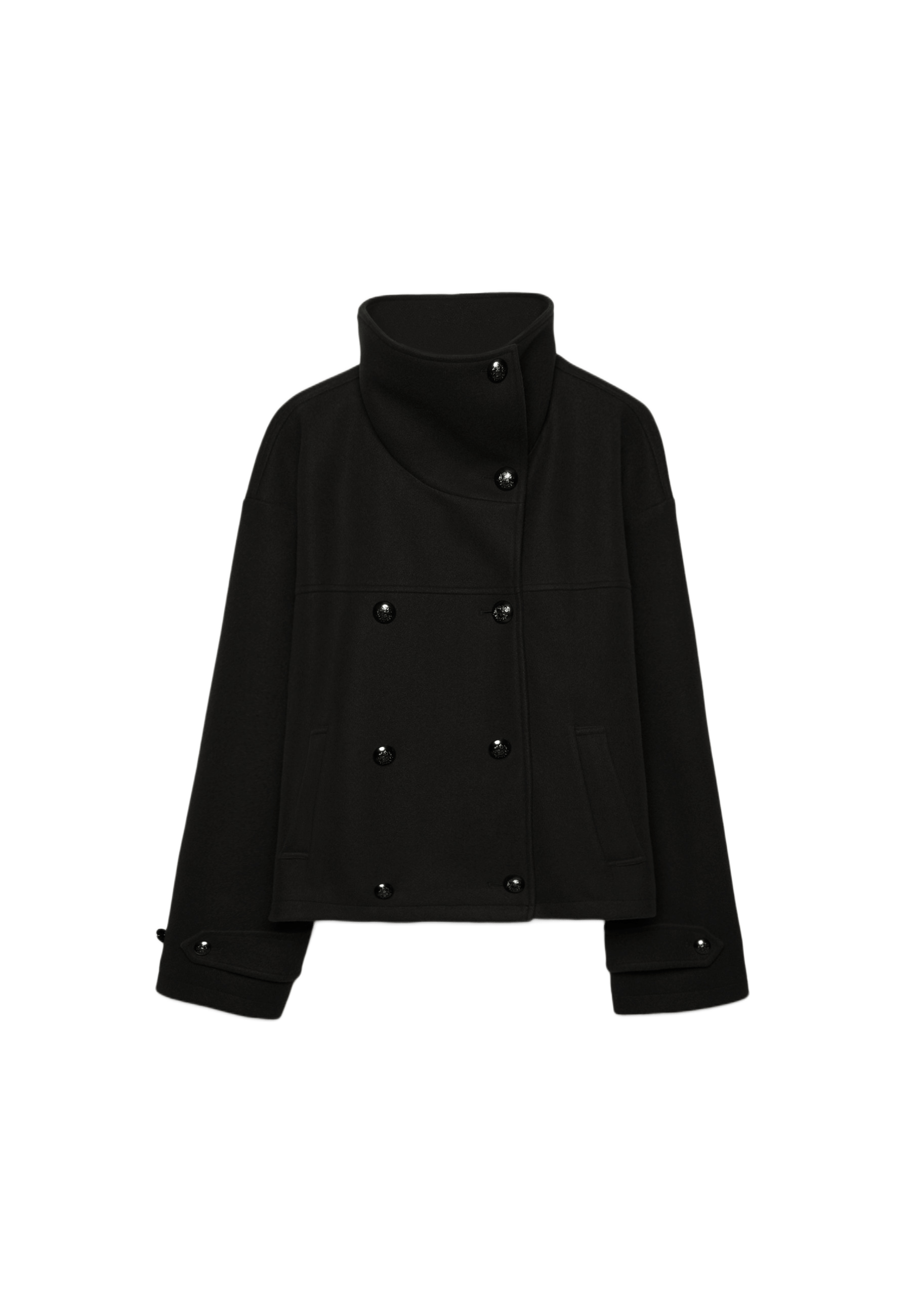 Soft-touch crossover high neck jacket — Navy blue