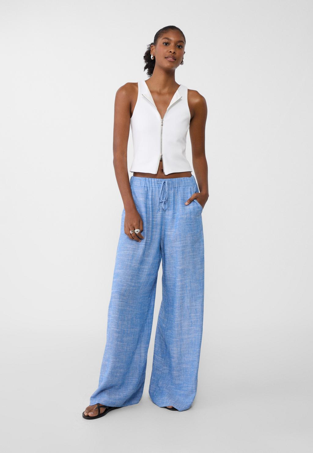 Wide-leg linen blend trousers with elastic waistband