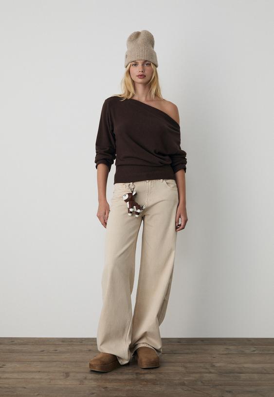 Stradivarius Boat Neck Knit T-Shirt With Sash Belt Brown M