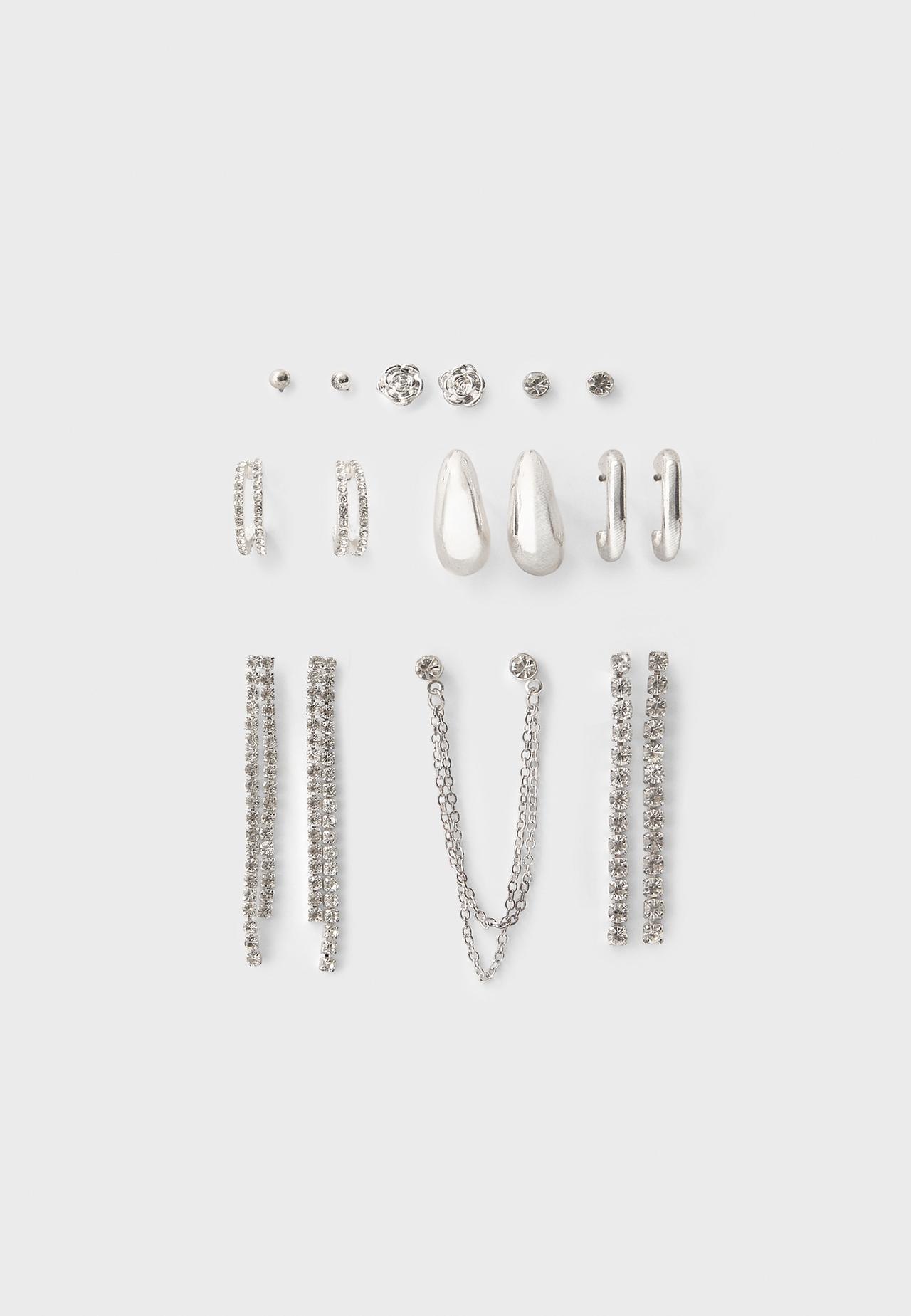 Set of 9 floral rhinestone earrings — Grey