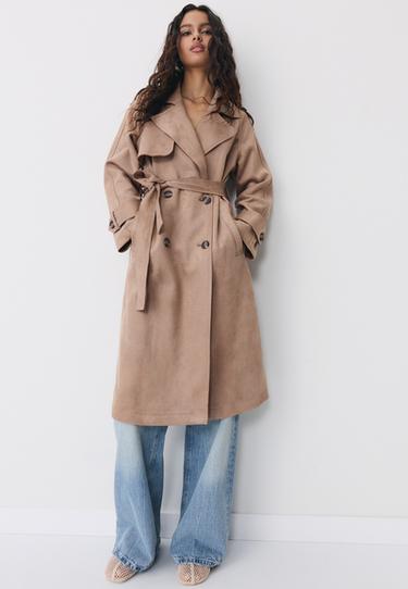 Long faux suede trench coat — Caramel 2