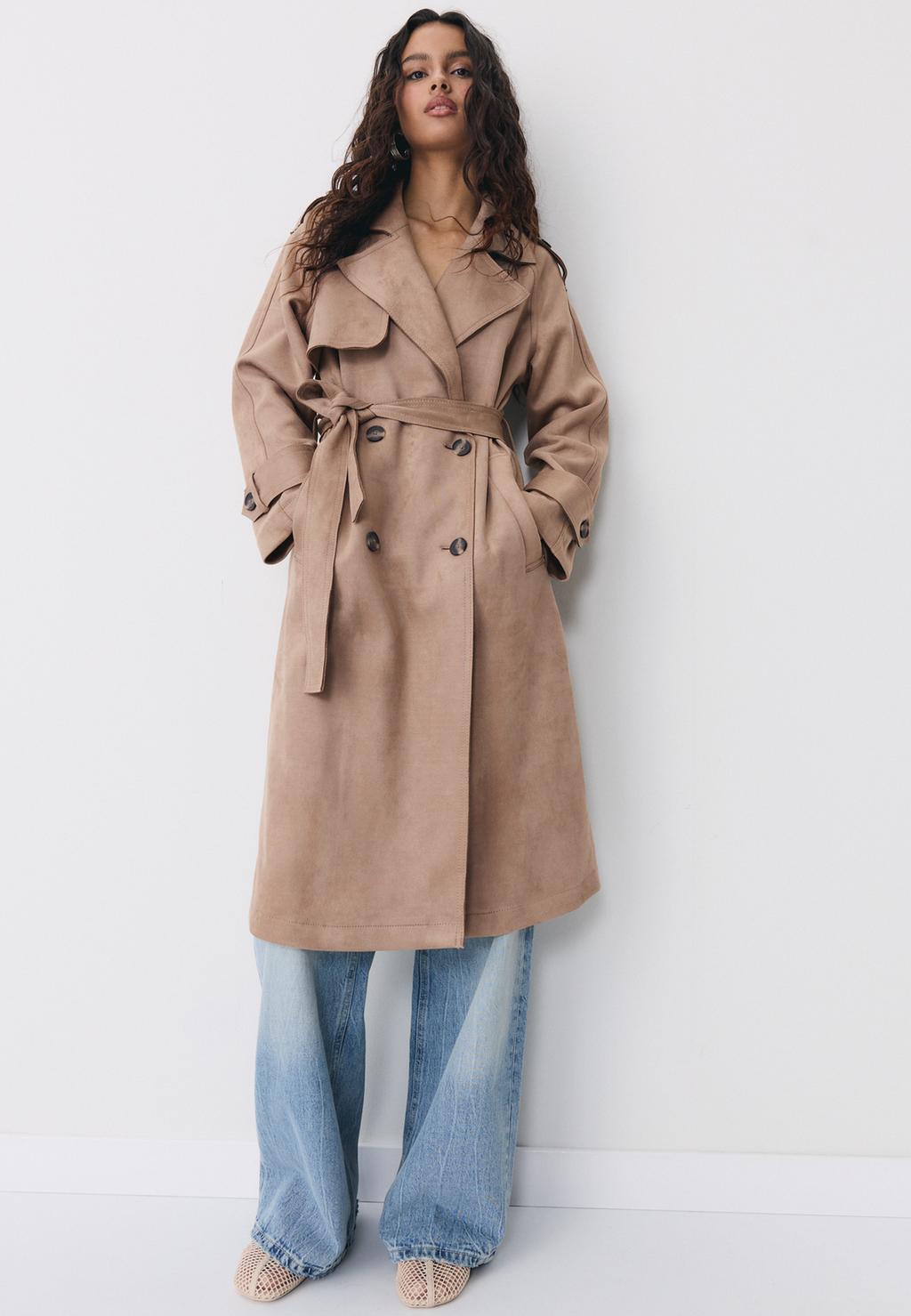 Lång Trenchcoat Med Mockaeffekt
