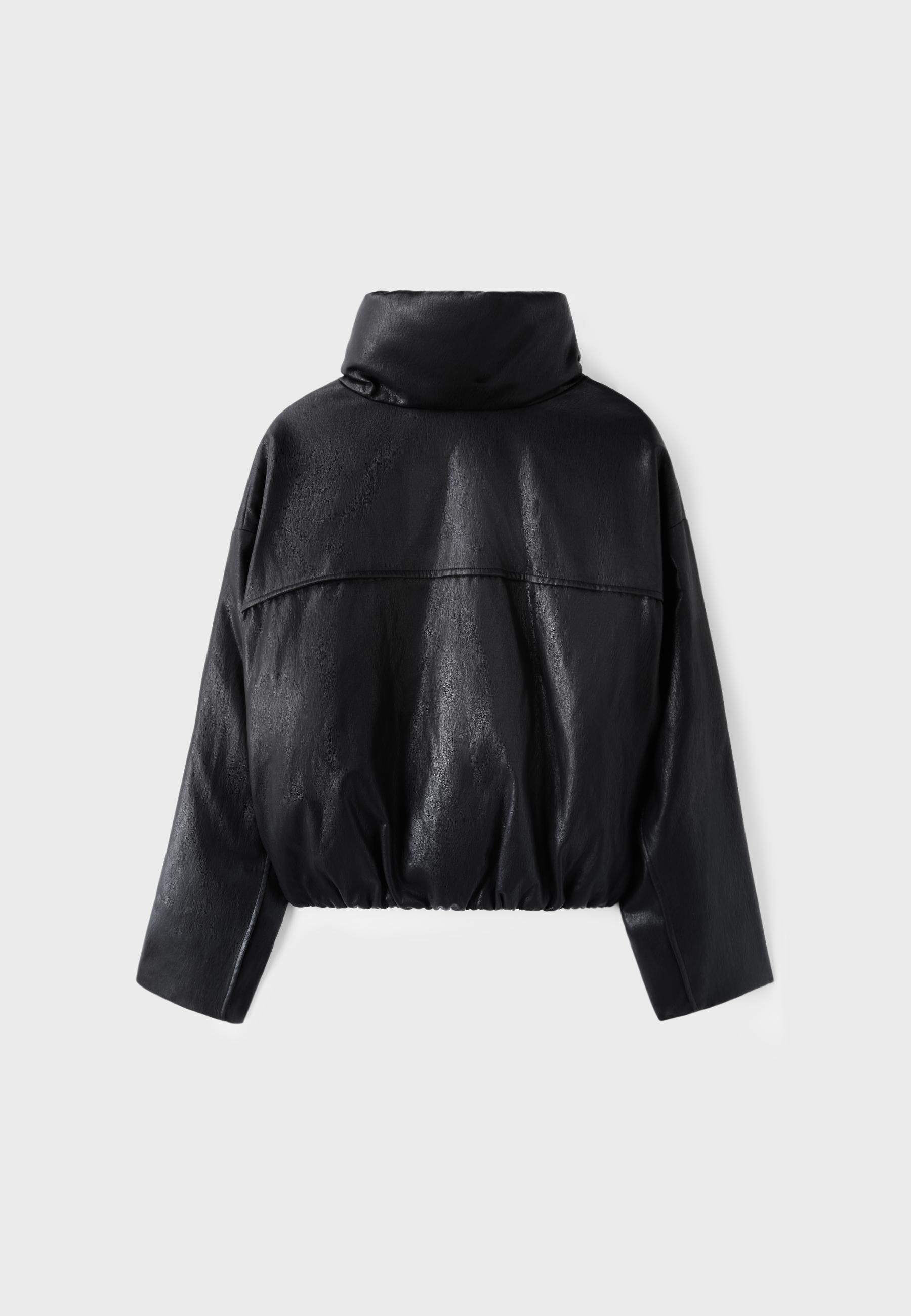 Leather effect high neck puffer jacket — Black