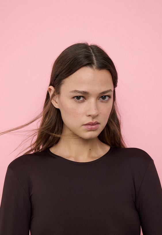 Stradivarius Long Sleeve Polyamide Bodysuit Brown L