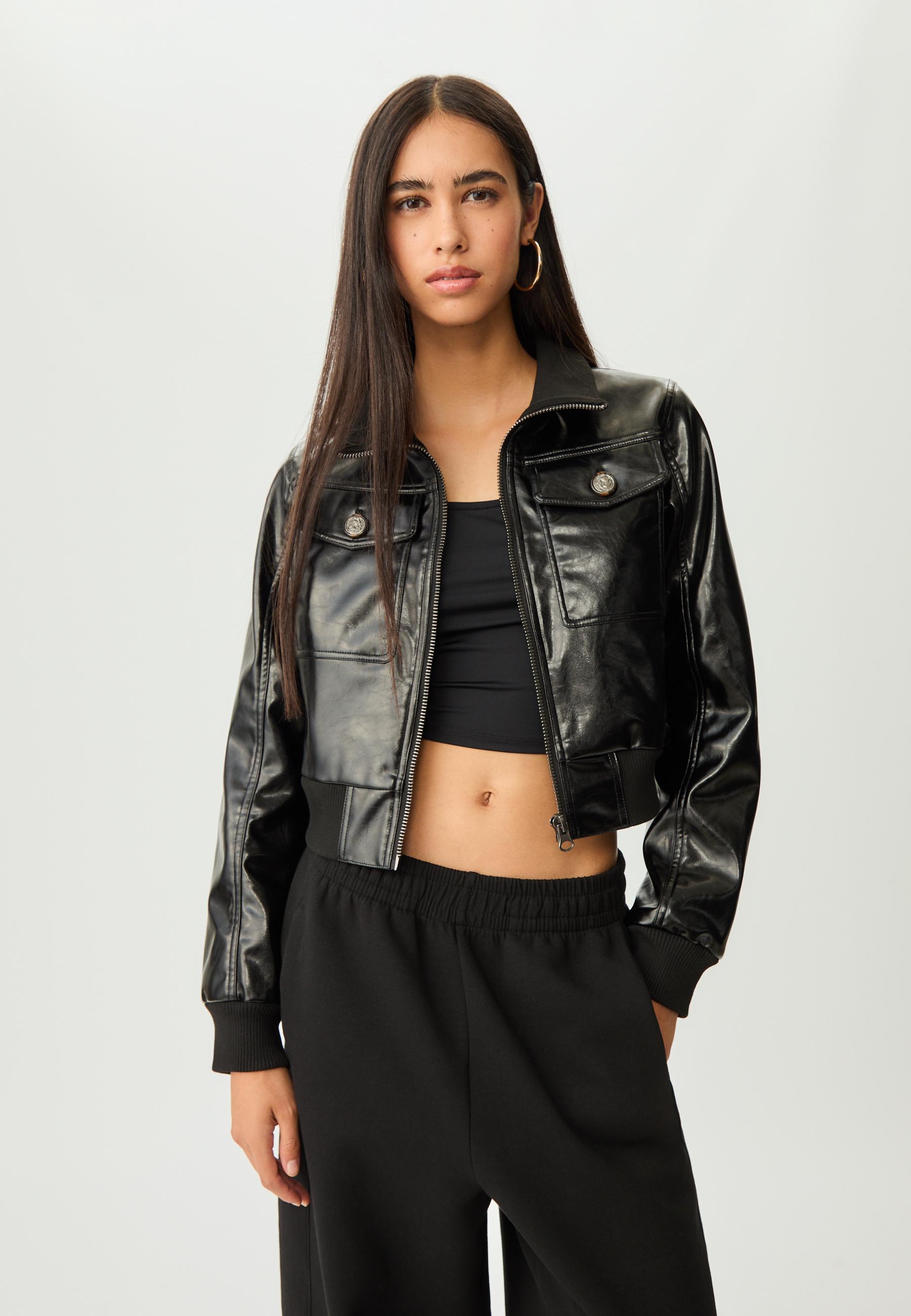 Short leather effect jacket with buttons - Women's fashion