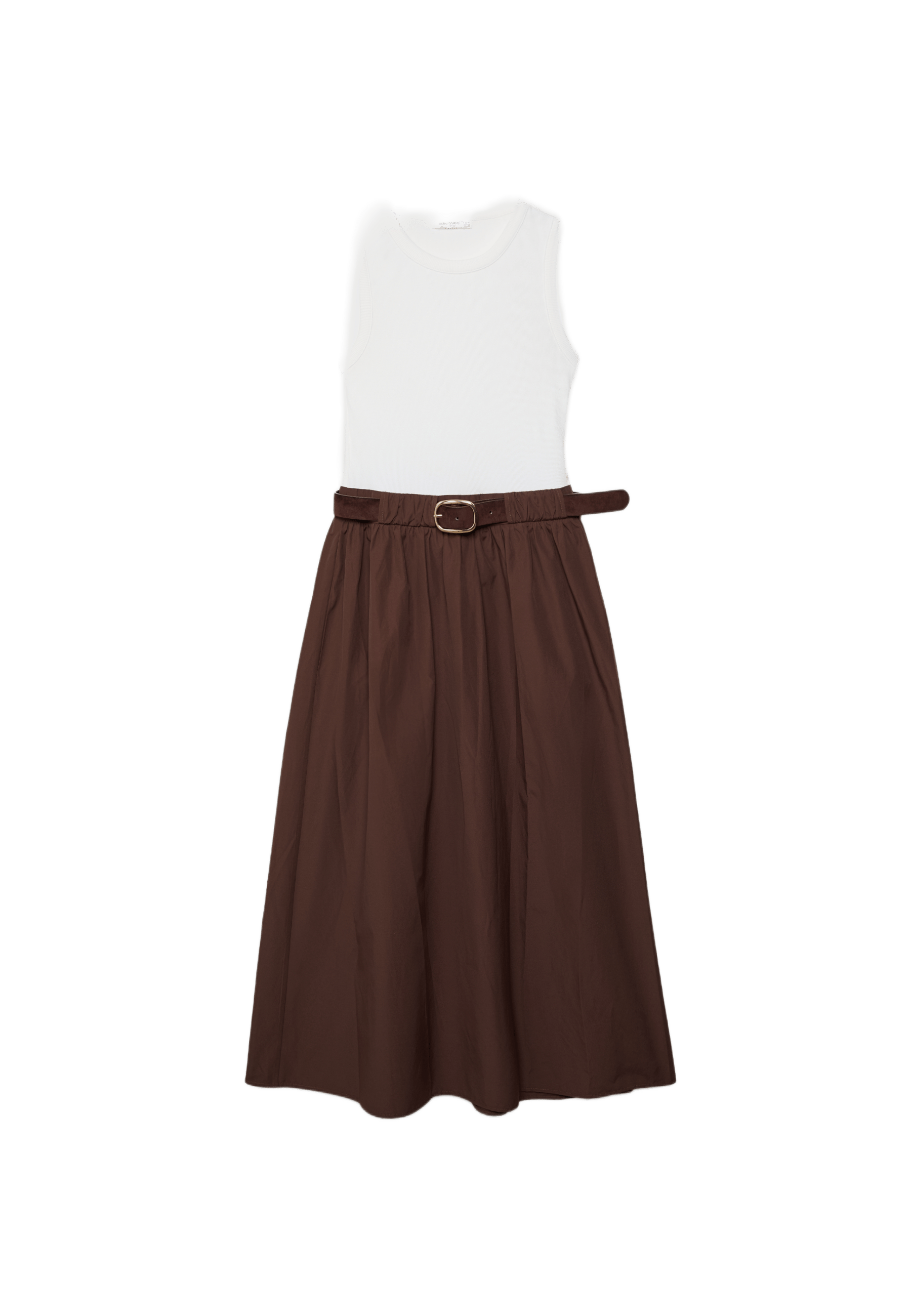 Two-material sleeveless midi dress with belt — Brown