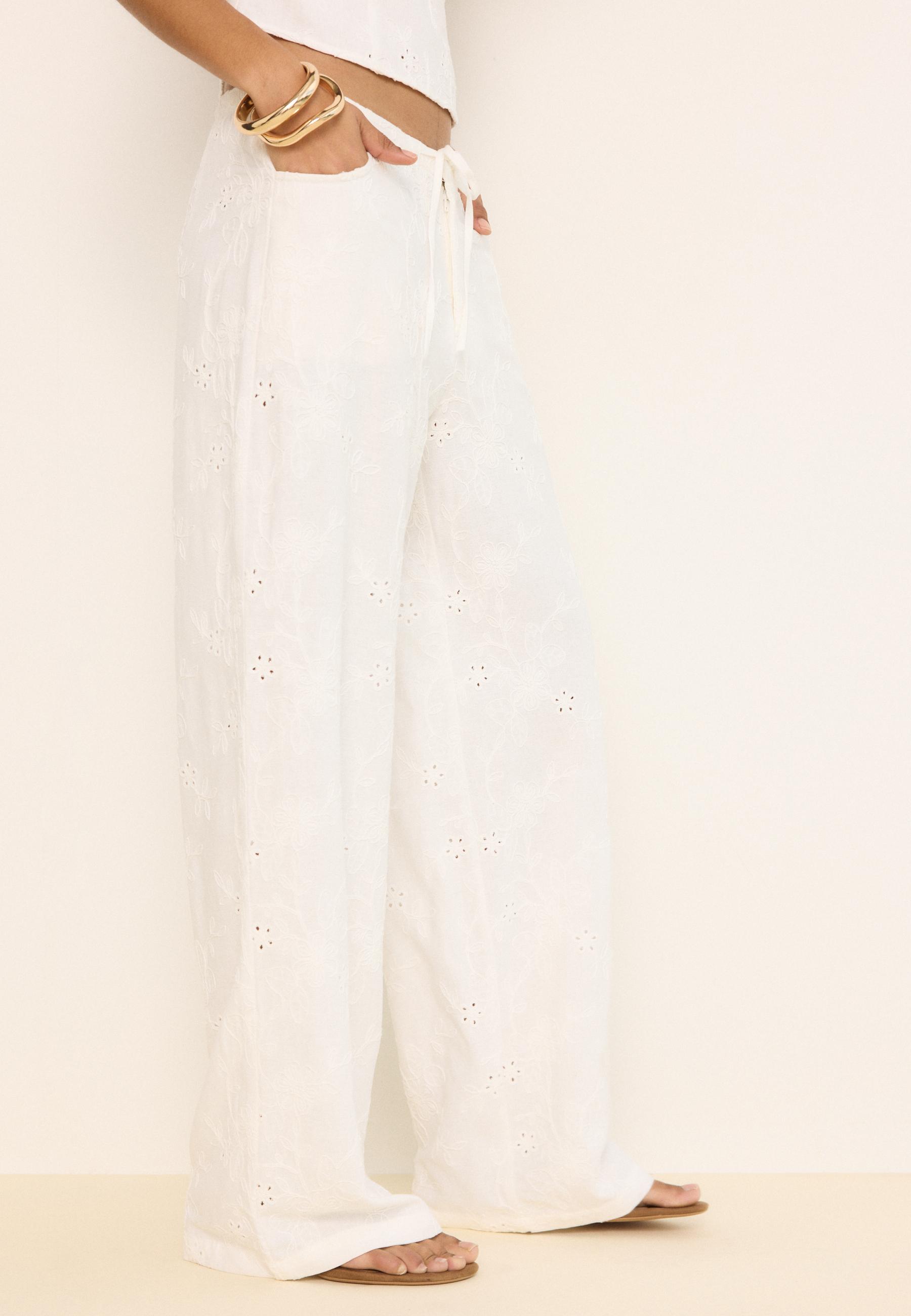 Embroidered straight-leg trousers — Ecru