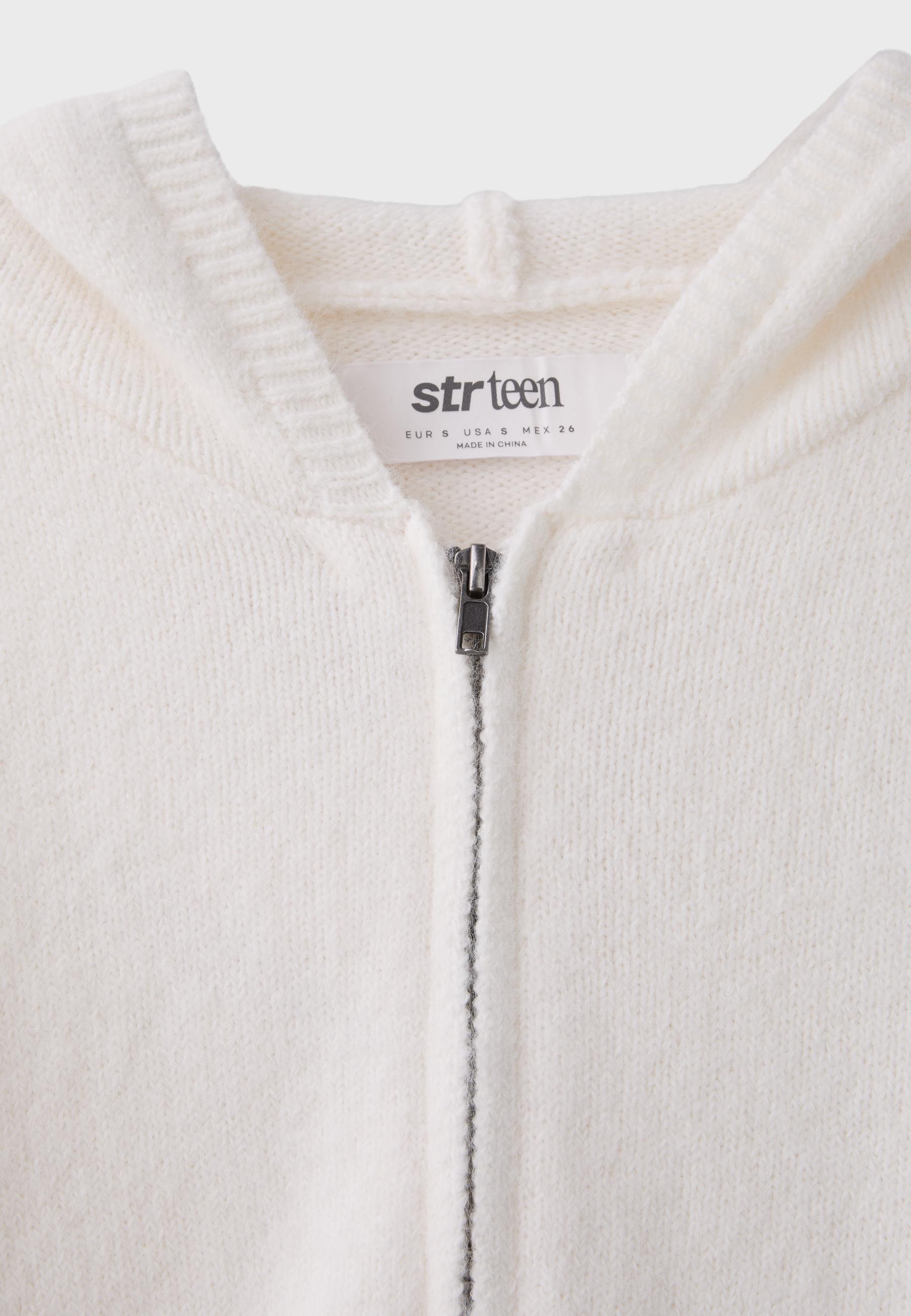 Zipped hooded knit cardigan — Ecru