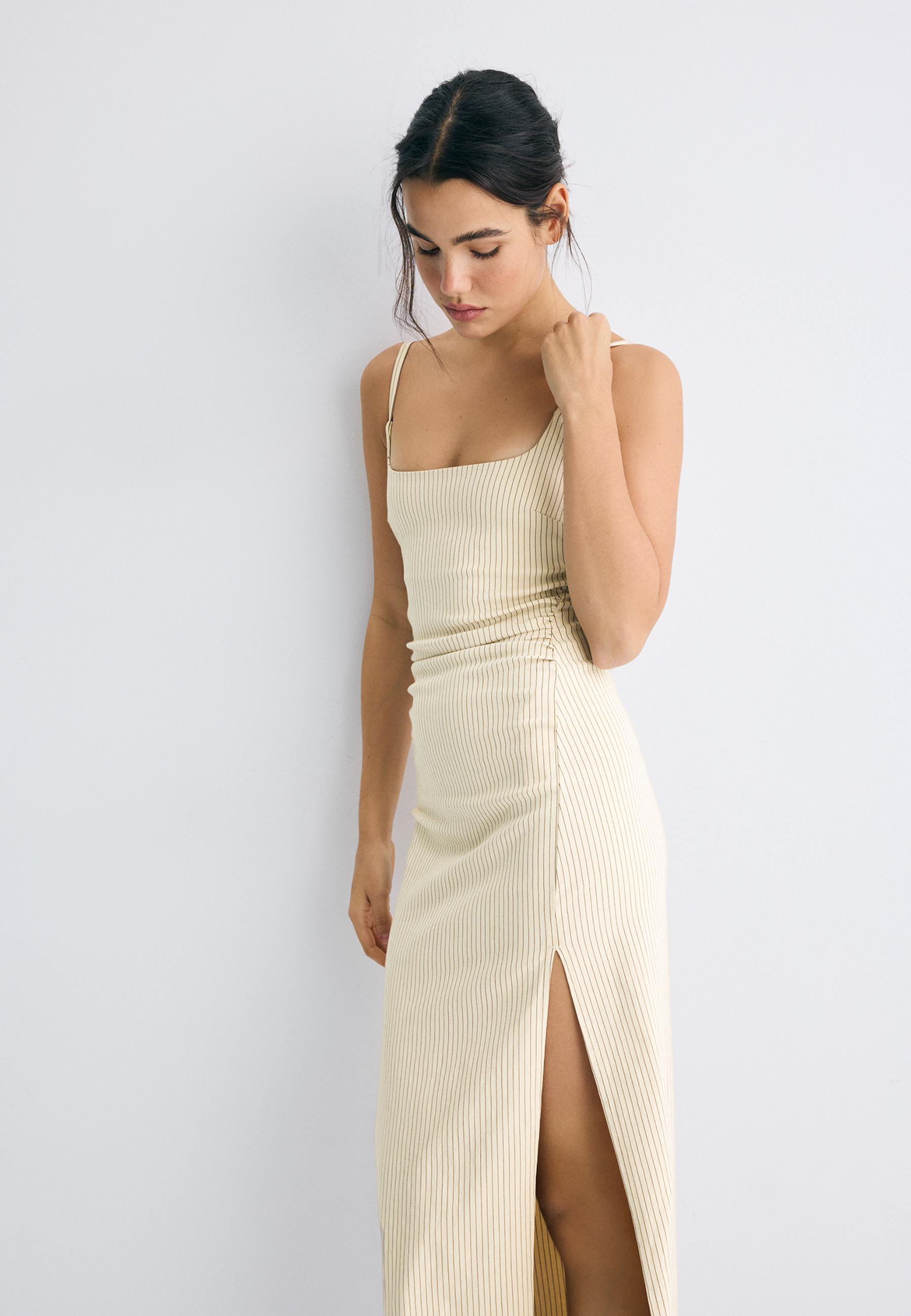 Square neck Bengaline midi dress — Stone