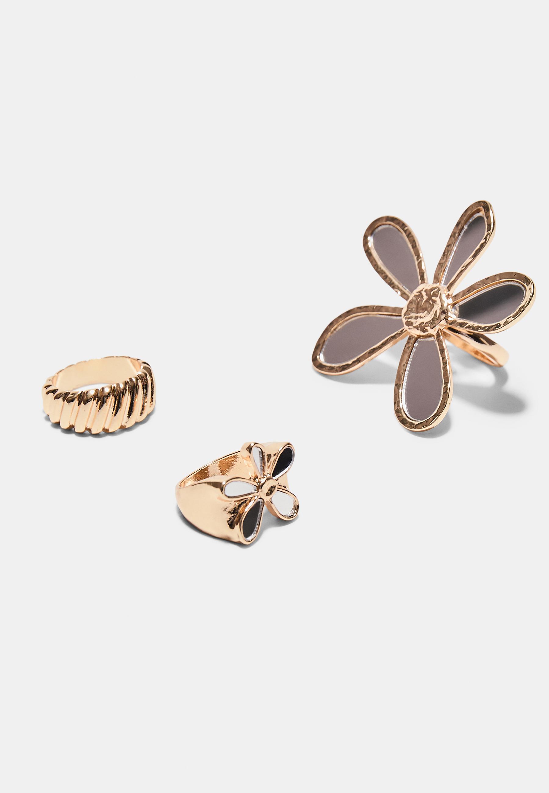 Set of 3 flower rings with a crystal effect — Gold