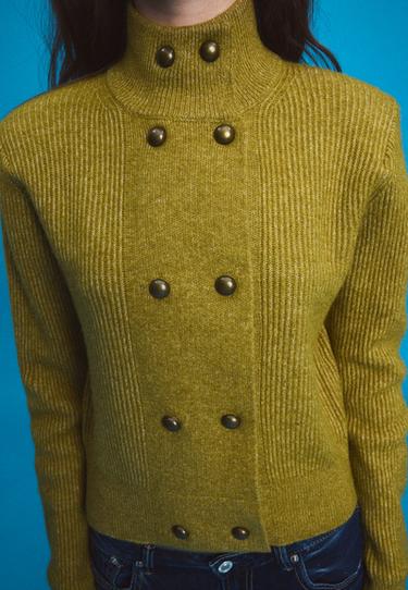 Double-breasted funnel neck knit jumper — Olive green 3