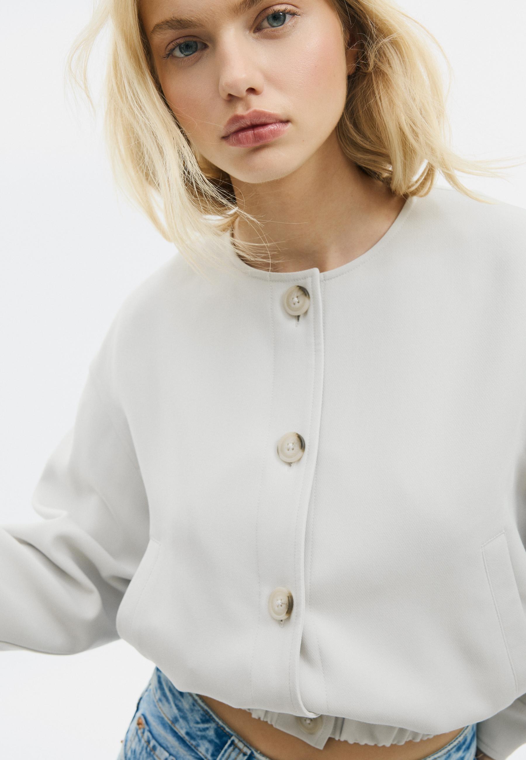 Puff sleeve round neck jacket — Ecru