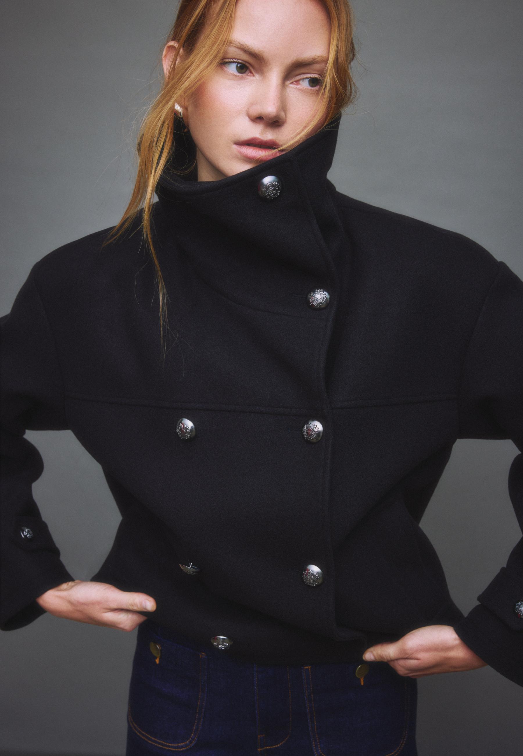 ジャケット・アウター high neck button design coat Soft-touch crossover high neck jacket - Women's Jackets and trench