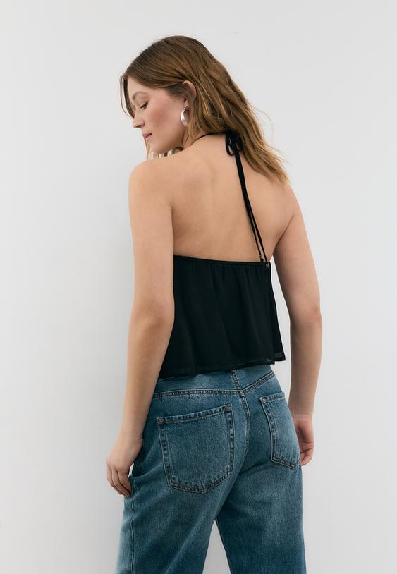 Stradivarius Embroidered Halter Top Black M