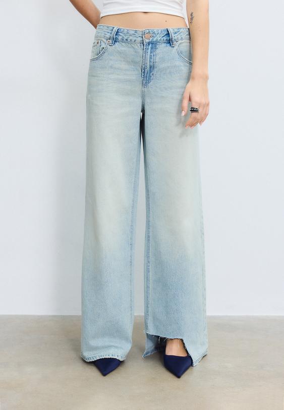 Stradivarius D91 Blugi Largi Cu Talie Joasă Efect Prespălat Denim Albastru Mediu 44
