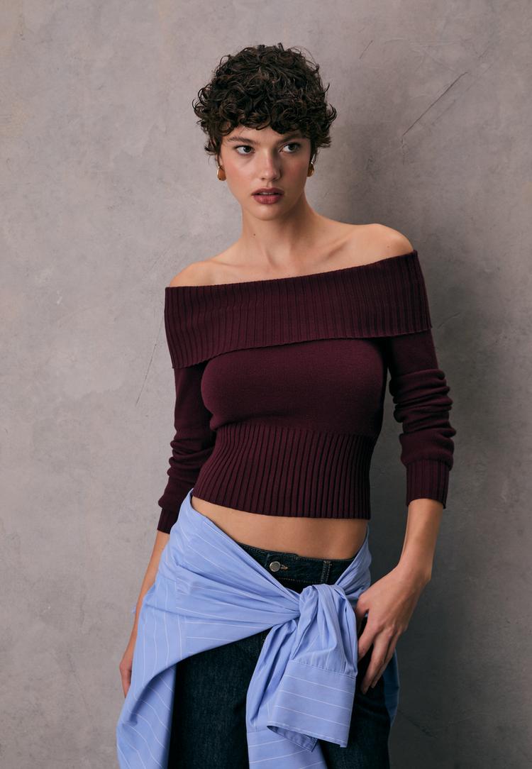 exposed shoulder knit sweater
