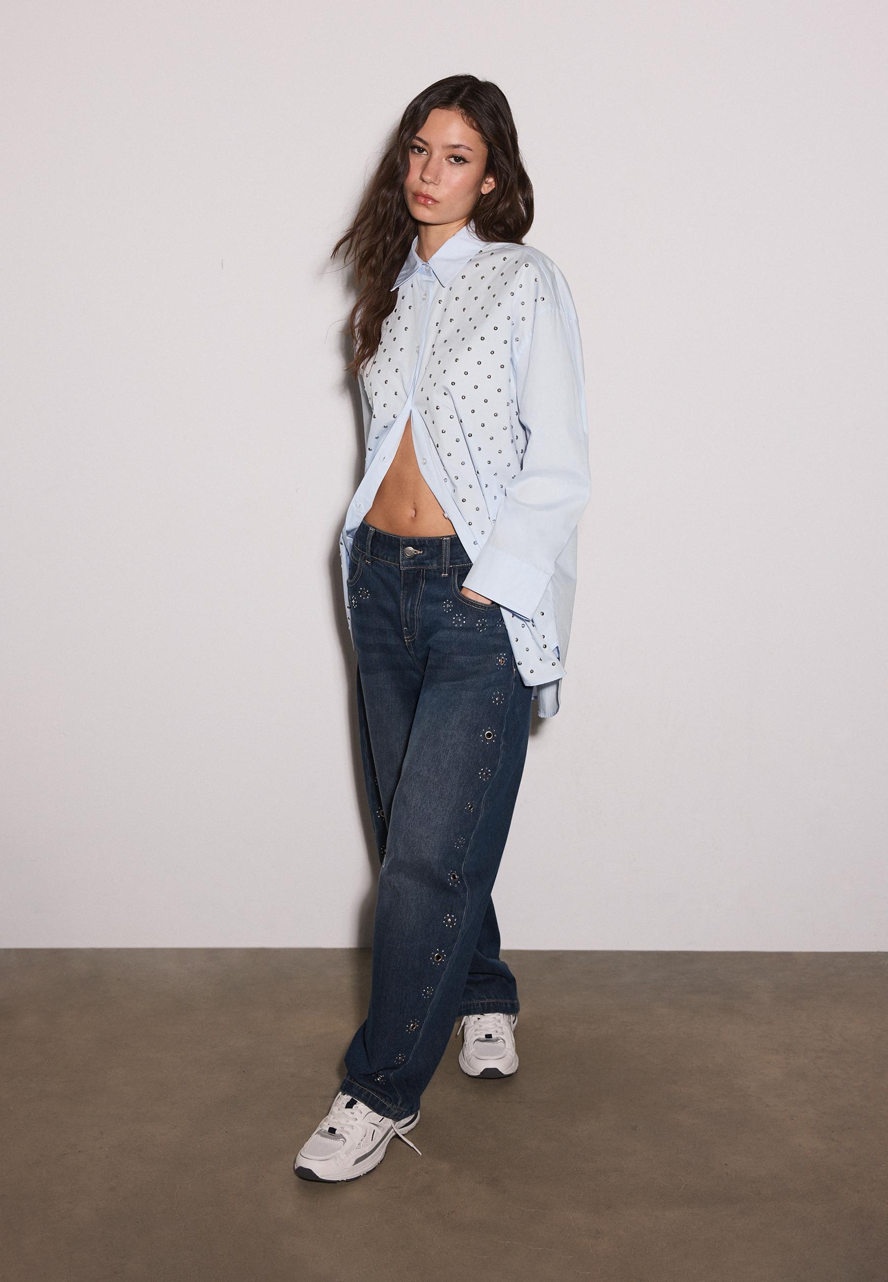 Stradivarius Oversize Πουκάμισο Με Τρουκς Σιέλ S