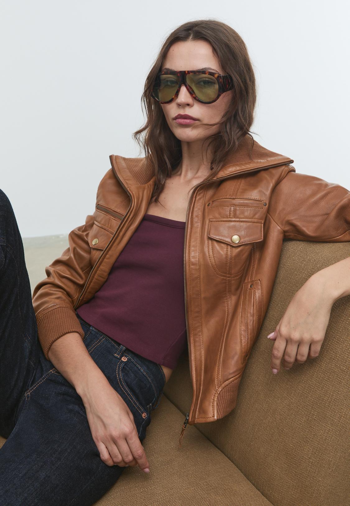 Leather jacket with contrast ribbing - Main Image