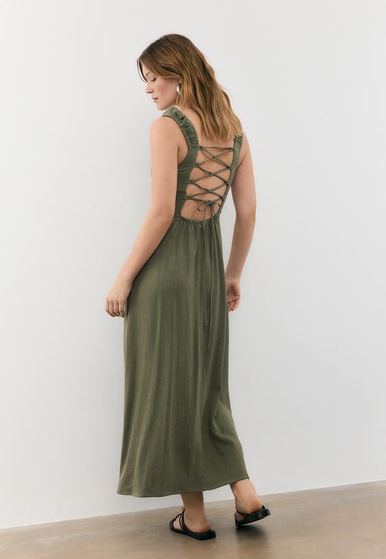 Stradivarius Linen-Look Cross-Back Midi Dress Khaki Xs