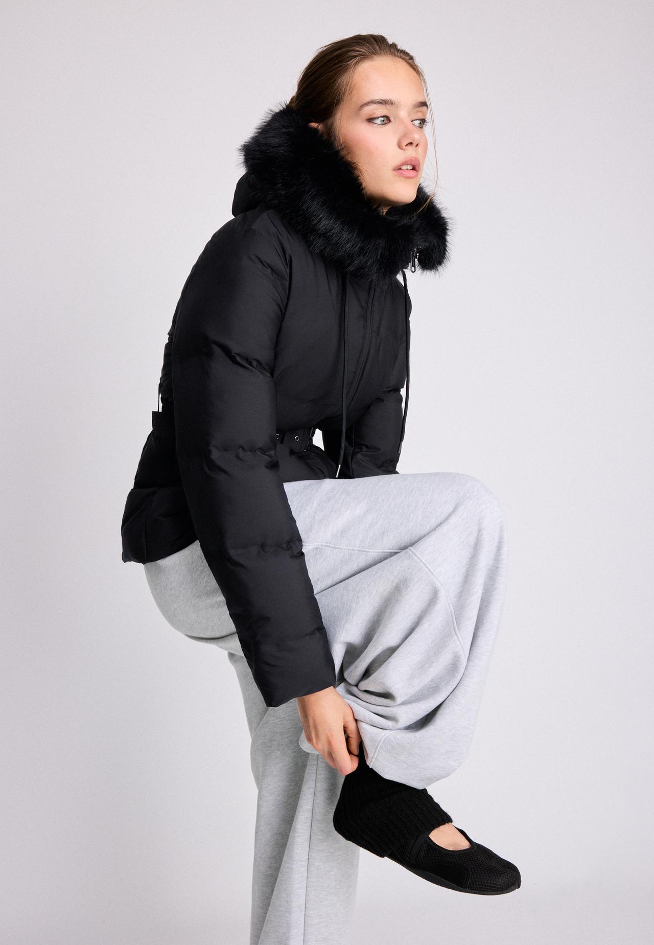 Belted hooded padded jacket — Black
