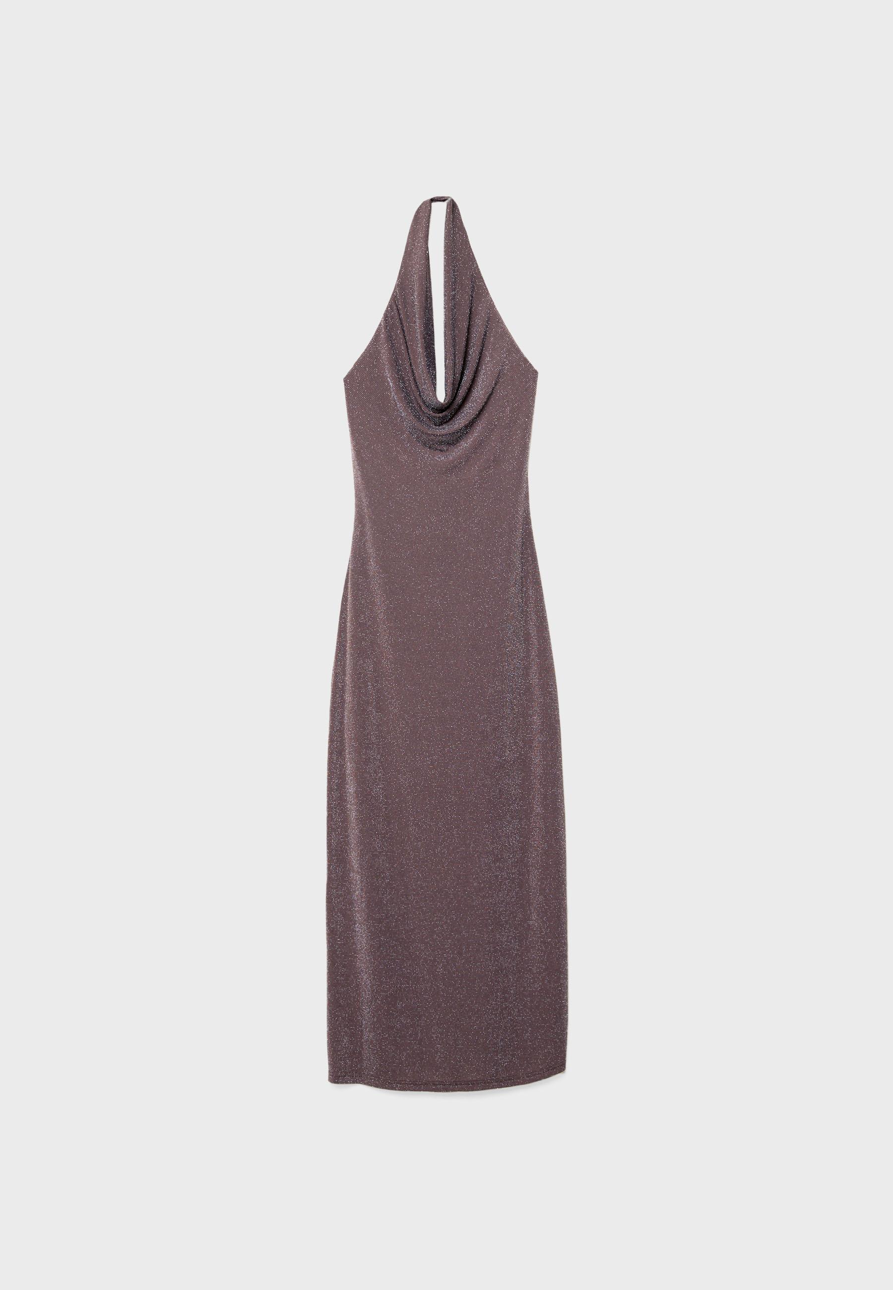 Metallic thread halter midi dress — Brown