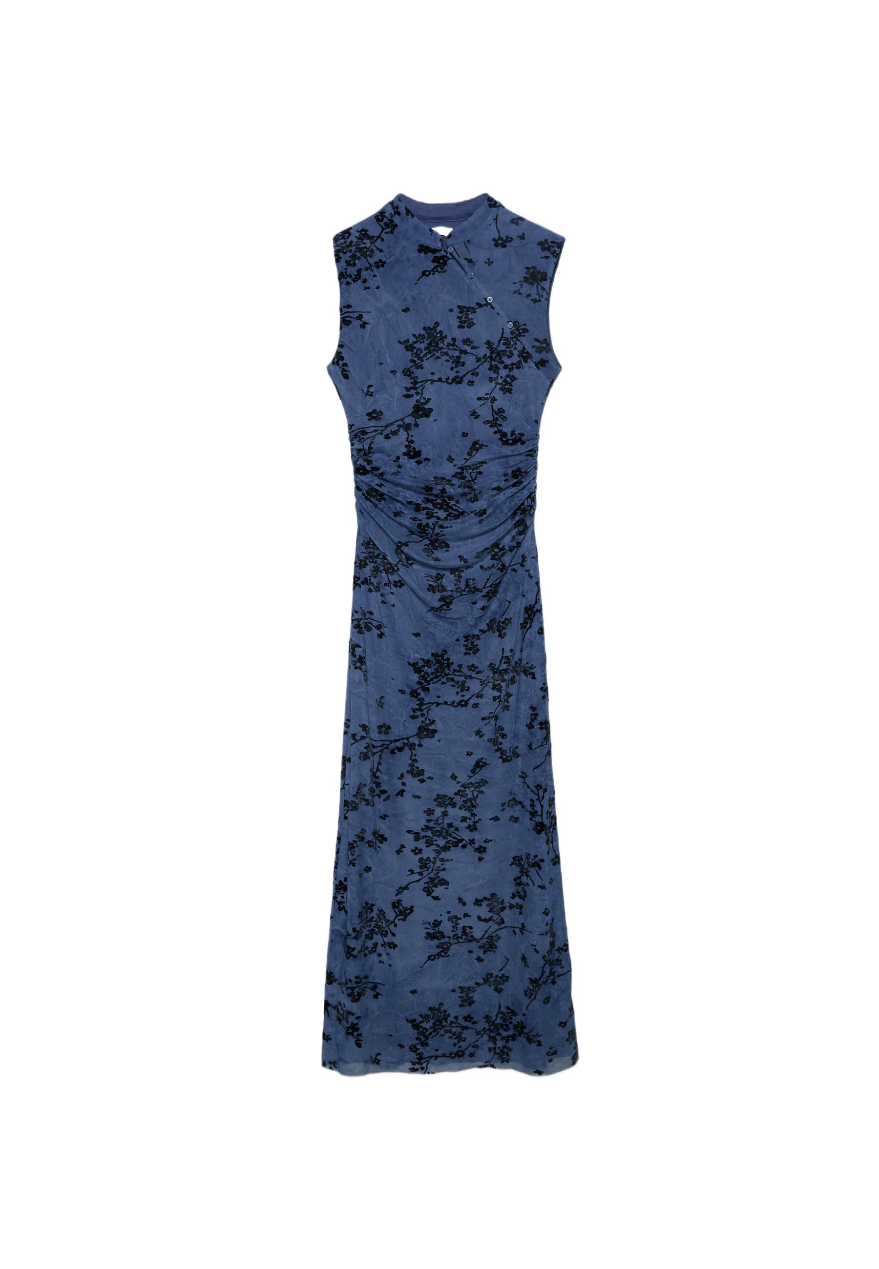 Tulle midi dress with Qipao neckline — Navy blue