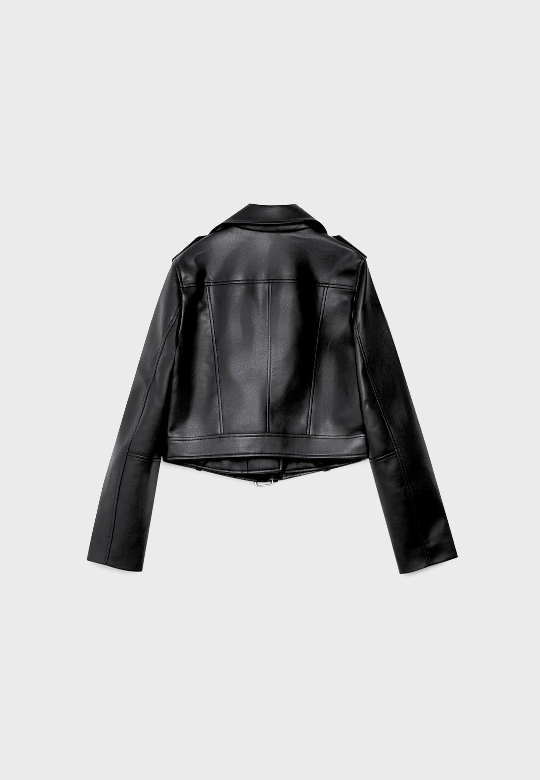 Stradivarius Kemerli suni deri basic biker ceket görsel 3