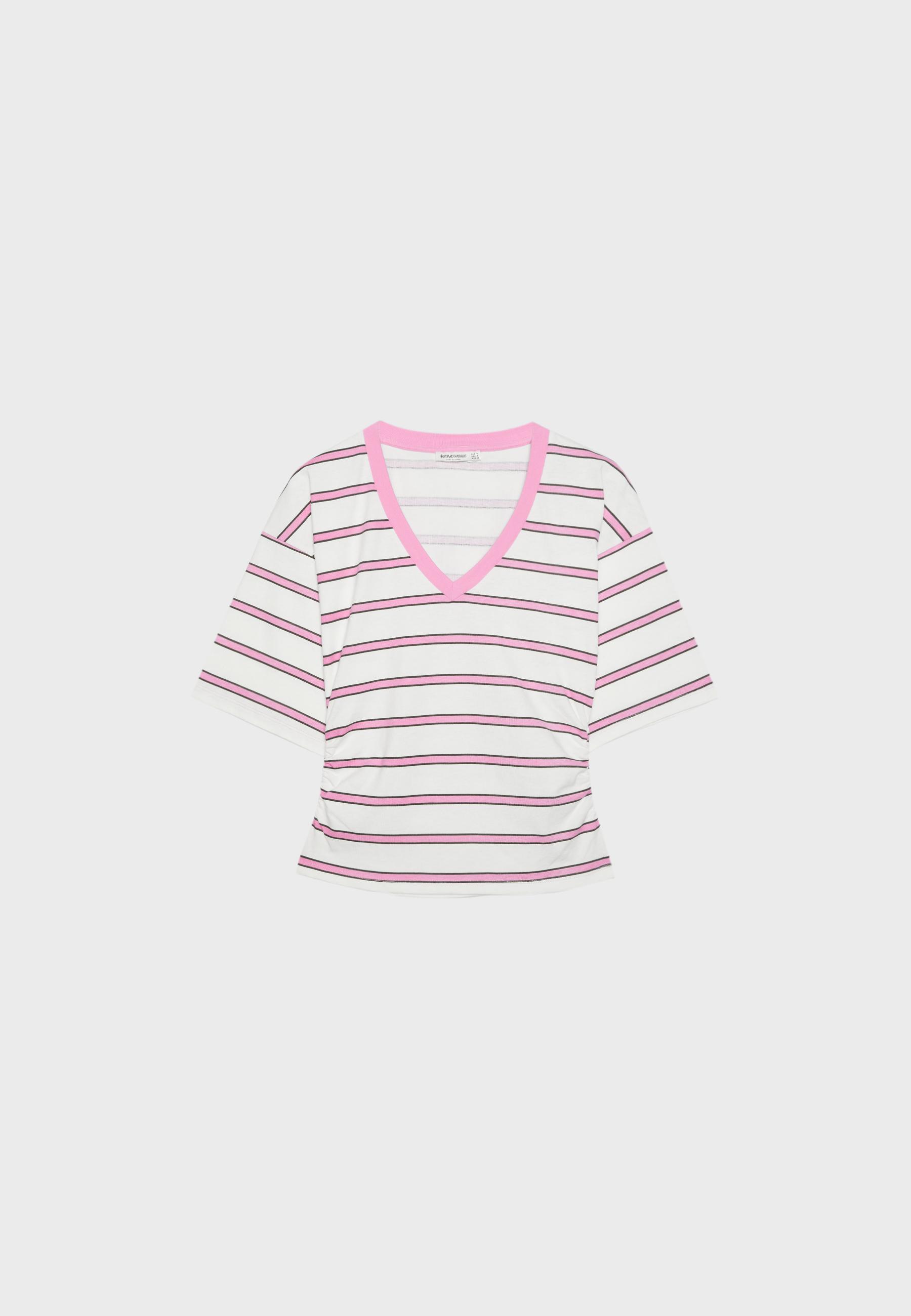 Striped V-neck kimono sleeve T-shirt — Bubblegum pink