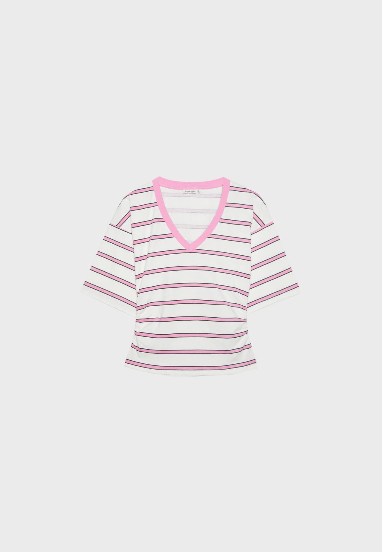Striped V-neck kimono sleeve T-shirt — Bubblegum pink