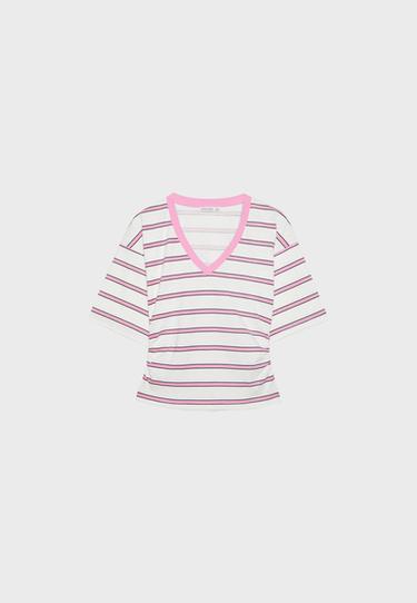 Striped V-neck kimono sleeve T-shirt — Bubblegum pink 6
