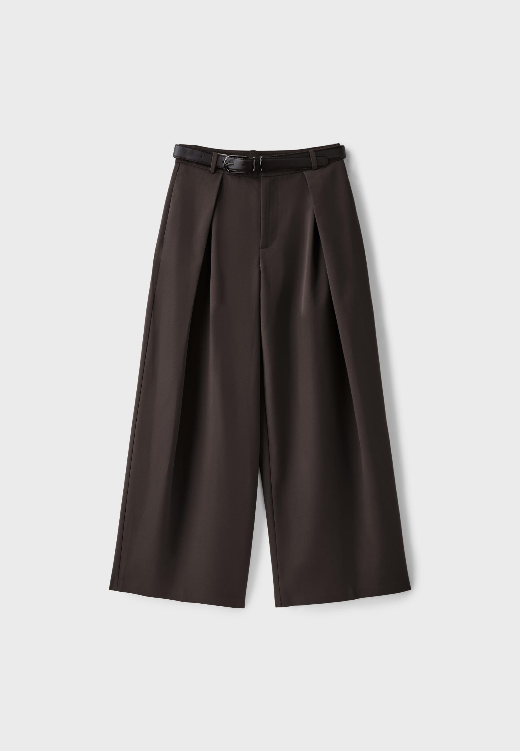 Wide-leg trousers with darts and belt — Brown