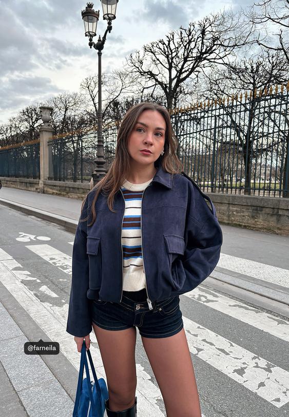 Stradivarius Faux Suede Bomber Jacket Navy Blue S