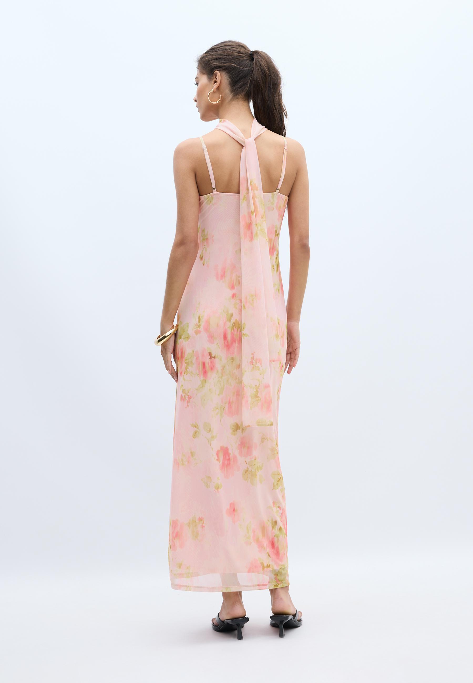 Printed tulle midi dress with scarf — Pastel pink