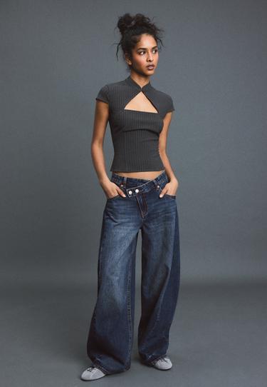 Striped short sleeve cut-out shirt — Dark grey 2