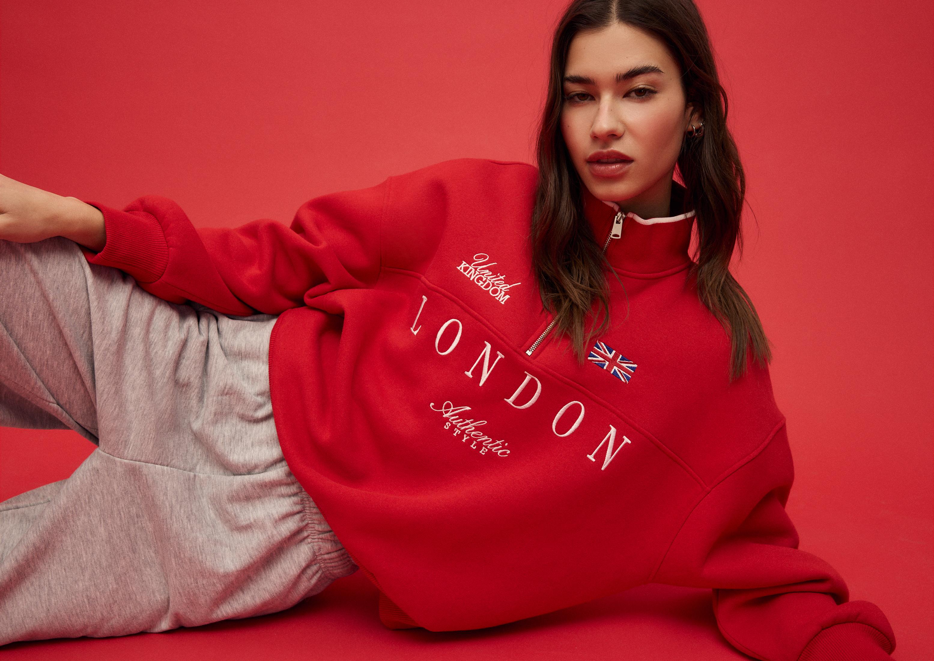 Embroidered Zip-Up Sweatshirt — Red