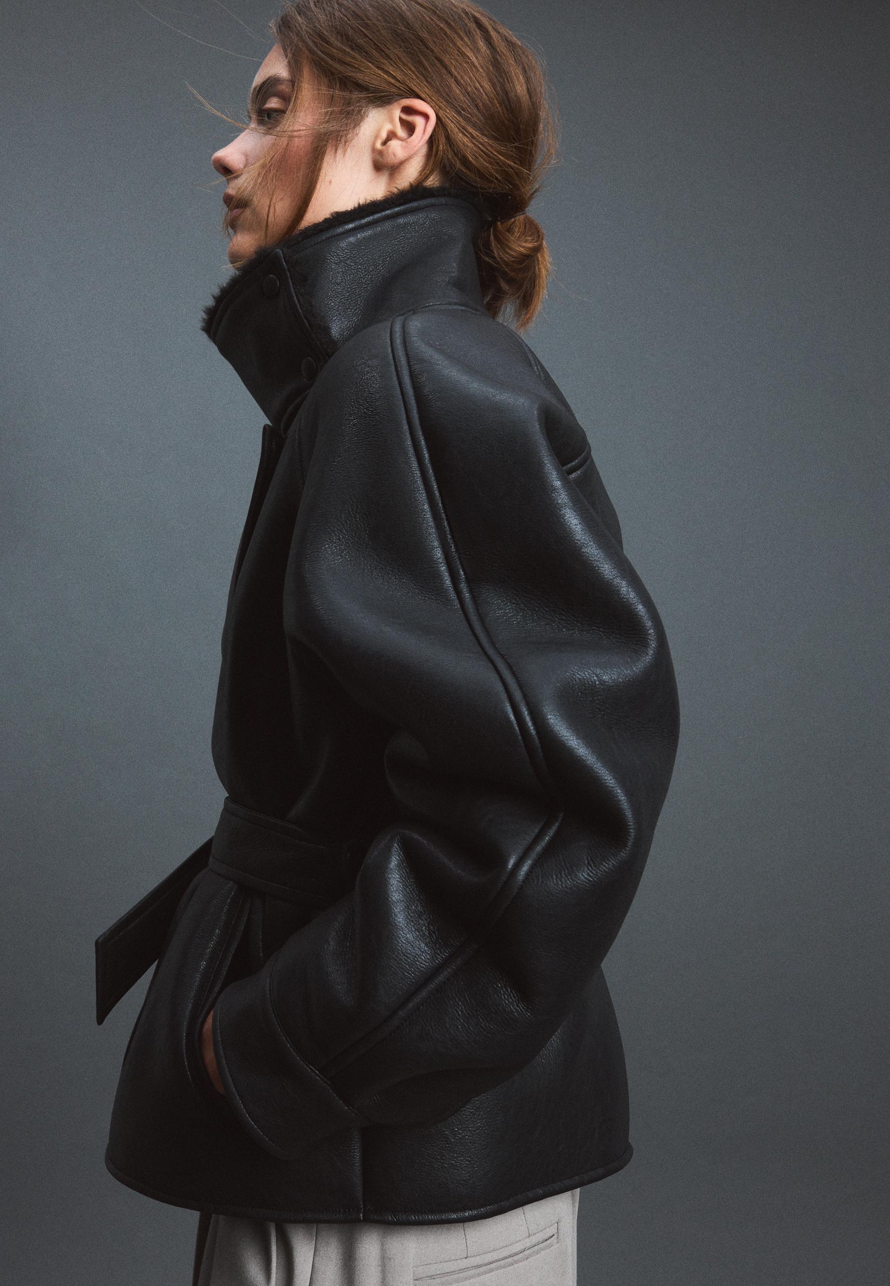 Leather effect double-faced high neck jacket — Black