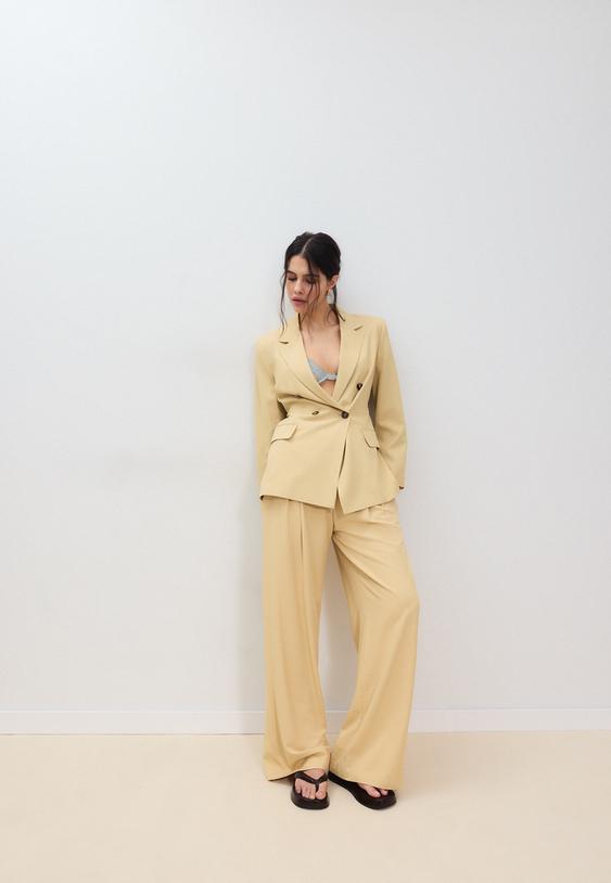 Stradivarius Belted Blazer Pastel Yellow M