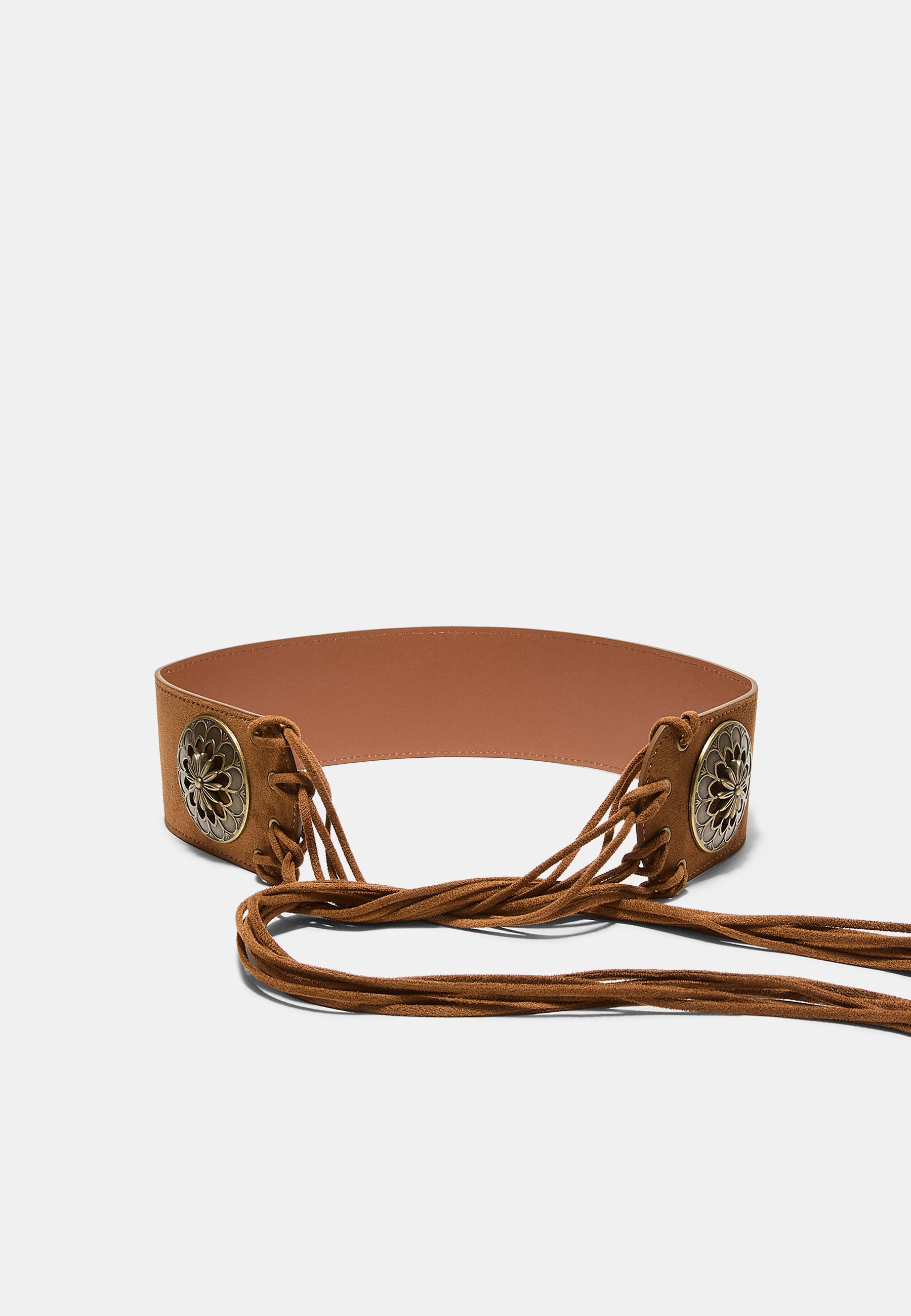 Wide belt with rosette and fringes — Pale camel