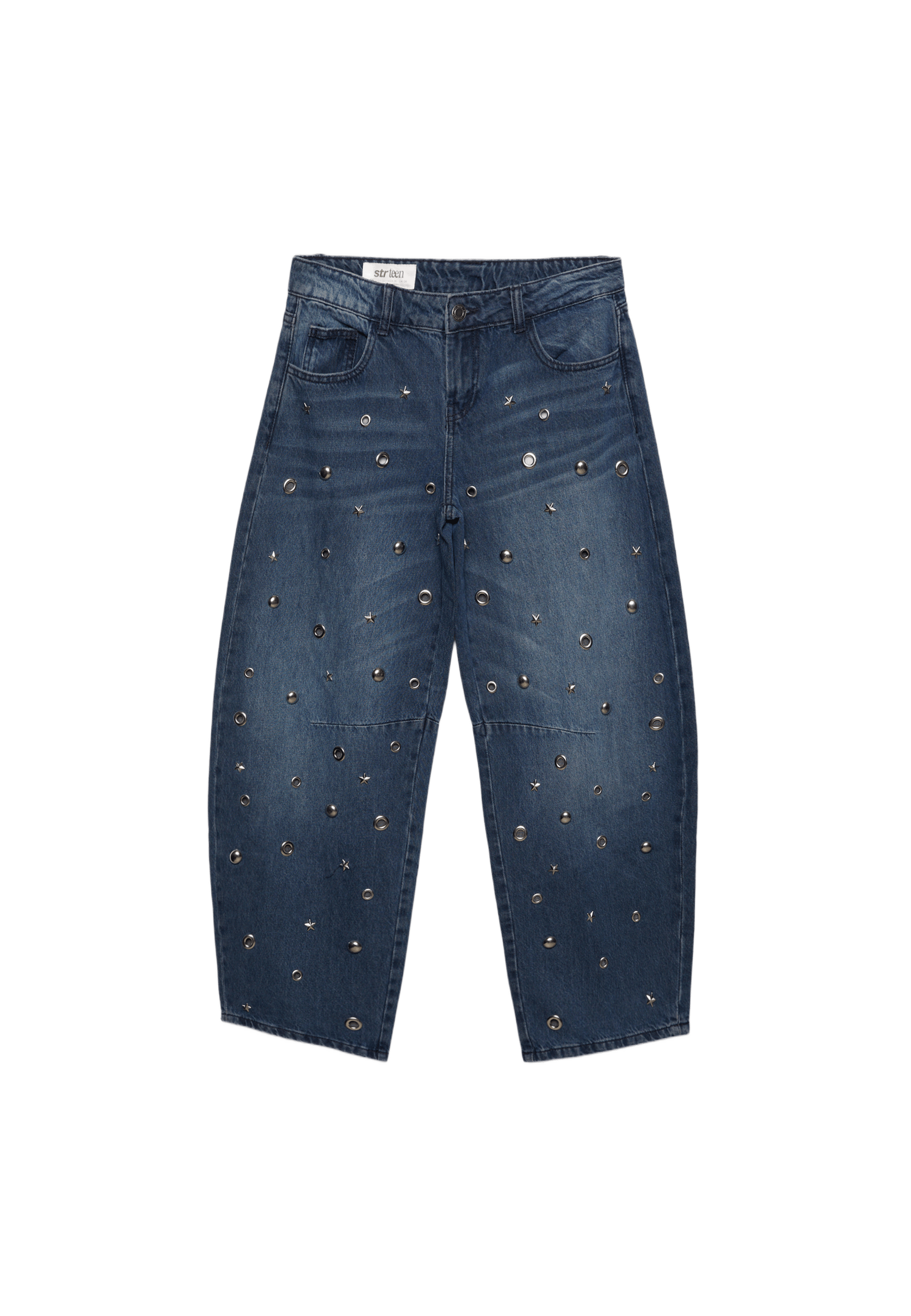 Barrel jeans with eyelets — BLACK DENIM WASHED EFFECT